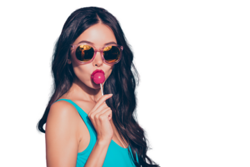Close-up portrait of cool trendy stylish lovely sweet adorable charming glamorous attractive wavy-haired lady licking yummy sugary lolly pop red lips eyeglasses eyewear isolated over pink background