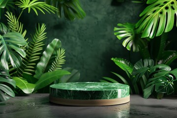 3D rendering of a green podium with wood and plants on a dark background. Mockup for a product presentation. Green marble texture, circular shape in the style of circle shape.