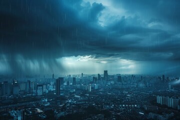 Fototapeta premium With gray rainy clouds hovering overhead, the dramatic sky created an eerie atmosphere downtown, where the threat of a thunderstorm lingered