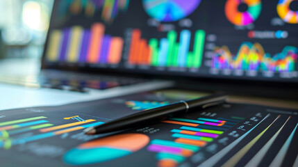 Pen on Financial Chart with Blurred Screen in Background