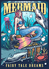 Dangerous mermaid colorful vintage poster