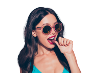 Close-up portrait of nice cheerful cheery lovely attractive glamorous charming wavy-haired lady eyeglasses eyewear red lips biting berry hat on thumb nail opened mouth isolated over pink background