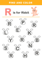 Kindergarten Letter R Find and Color worksheet. Spot and Color the Letter R. Letter R Hunt and Color for Kids.
