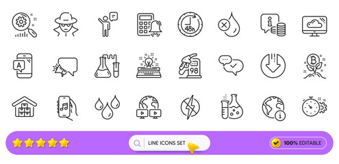 Wholesale goods, Ab testing and Antistatic line icons for web app. Pack of Chemistry lab, Download arrow, Info pictogram icons. Bitcoin project, 48 hours, Waterproof signs. Search bar. Vector