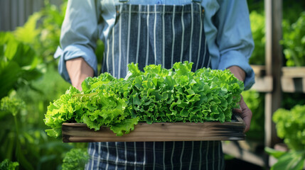 Person Holding Tray of Fresh Green Lettuce in Garden