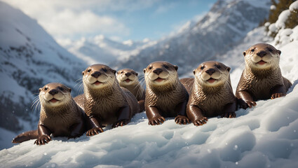 A group of six otters are sitting on a snowy surface, looking at the camera. There are mountains and trees in the background. It appears to be a snowy day