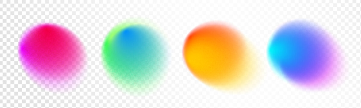 Set color circle gradient noise gradation. Abstract colorful watercolor blur mesh on isolated transparent background. Circle shape png. Gradient aura, grain neon blob noise effect vector illustration.