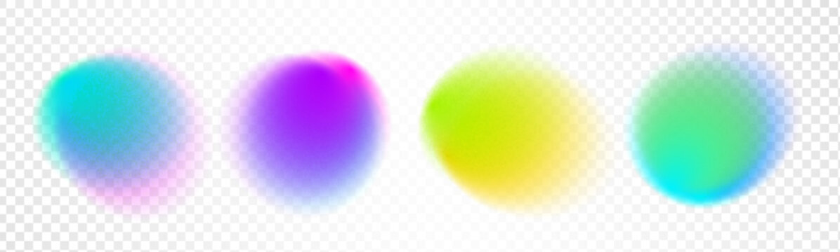 Set color circle gradient noise gradation. Abstract colorful watercolor blur mesh on isolated transparent background. Circle shape png. Gradient aura, grain neon blob noise effect vector illustration.