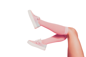 Cropped horizontal profile side view of long legs attractive slim fit thin sportive perfect line shape figure form girl working out isolated over pink pastel background
