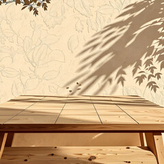 Empty wood table top on beige wall texture with tree leaves shadow background