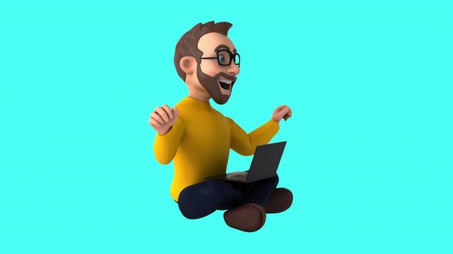 Fun 3D cartoon casual character with a laptop (with alpha channel)