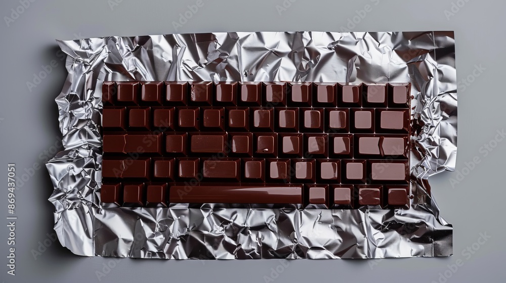 Aufkleber creative chocolate bar designed as a keyboard on crinkled foil. the concept style showcases a whimsi
