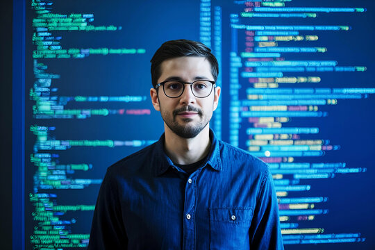 American programmer presenting code on screen, blending tech and expertise