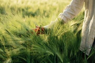 Woman in white is on the agricultural wheat field