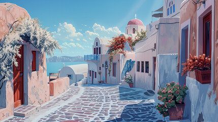 Obraz premium Scenic Walking Path in Santorini with Iconic White Houses