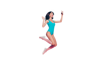 Hi hey hello! Full size profile side view freedom funny pretty cute sweet lovely cheerful lady with her wave curly hair she isolated on pink background in style stylish shoes make selfie picture