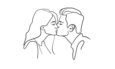 Lovers kisses, happy family, continuous line art drawing isolated on white background. Vector illustration