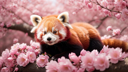 A red panda is sitting in a cherry blossom tree. The panda is looking at the camera
