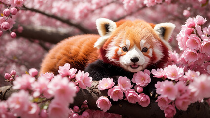 A red panda is sitting in a cherry blossom tree. The panda is looking at the camera