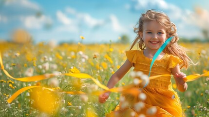 Happy Little Girl Running Through a Field of Yellow Flowers on a Sunny Day