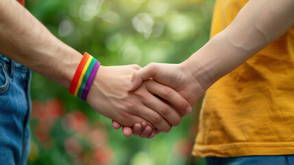 Happy Gay Couple Holding Hands and Smiling, A Symbol of Pride, Love, and Acceptance This heartwarming image captures the joy and happiness of a same-sex couple expressing their love and commitment to