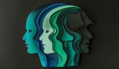 Concept of a person suffering from Bipolar Disorder. Layers of paper cut into a human head displaying different feelings.