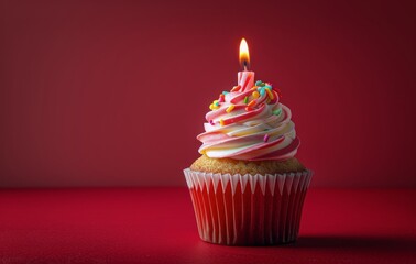 Single Birthday Cupcake With Lit Candle on Red Background