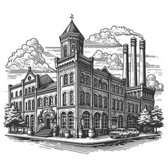 Fototapeta premium vintage industrial building with smokestacks, showcasing historical architecture and urban scenery sketch engraving generative ai raster illustration. Scratch board imitation. Black and white image.