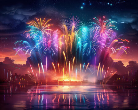 Spectacular Rainbow Fireworks Display Illuminating the Night Sky, Celebrating Pride and Joy with Vivid Colors and Festive Atmosphere