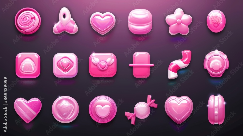 Aufkleber the candy ui game app interface and button frame glossy icons set consists of pink jelly and lollipo
