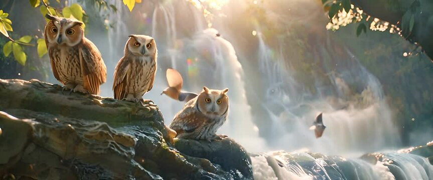 Owls Enjoying a Sunny Day on the Edge of a Waterfall