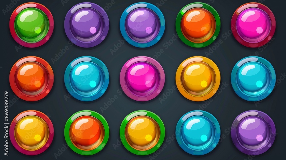 Poster set of colorful web buttons, 3d badges for websites, games, or apps. blank internet push buttons ima