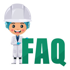 Quality control supervisor production line with giant FAQ letters, Frequently asked questions concept. Food industry engineer. Chief food safety engineer. Safety in food production and processing