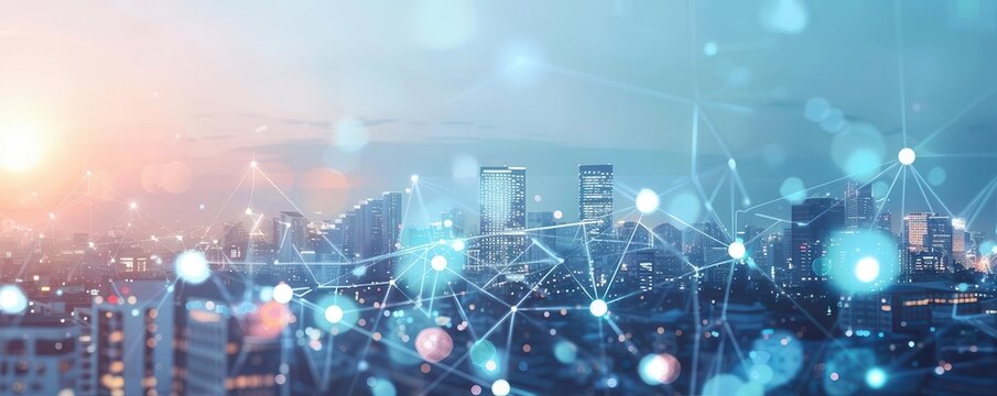 A backdrop of a futuristic city where commerce and technology meet