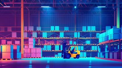 A factory warehouse interior with cargo storage and forklift. A warehouse with boxes on shelves. An illustrated storehouse with a container stored inside it.