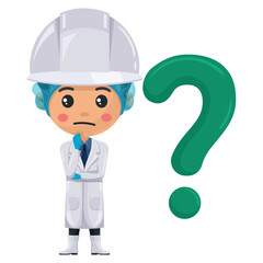 Quality control supervisor expressing doubt, uncertainty with giant question sign. Question sign for FAQ concept. Food industry engineer. Chief food safety. Technology and safety in food production
