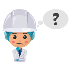 Quality control production supervisor expressing doubt and uncertainty, thinking with a dialogue cloud with a question sign. Question sign for FAQ concept. Food industry engineer. Chief food safety