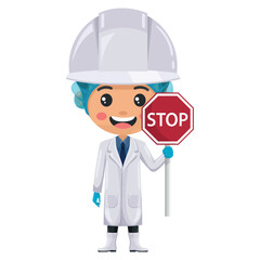 Quality control supervisor in food production line holding a stop sign. Agro-industrial engineer or food industry. Chief food safety engineer. Science, technology and safety in food production