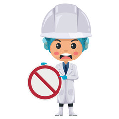 Quality control angry supervisor in food production line holding a forbidden sign. Food industry engineer. Chief food safety engineer. Science, technology and safety in food production and processing