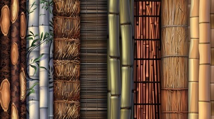 The set is made up of seamless patterns made from bamboo stems, straw, and wicker, along with realistic 3D tiles of rattan woven baskets, dry grass, and reed.