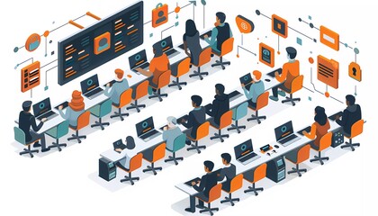 Employee Training on Cybersecurity,  training session with icons of cybersecurity workshops, awareness programs,