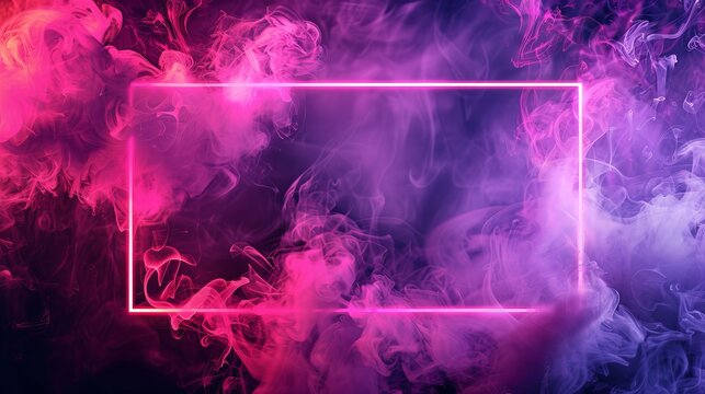 Modern neon neon door frame with fog and gradient leds. Very realistic modern illustration of a glowing red and purple gradient led rectangular portal with fog on black background. Laser vertical