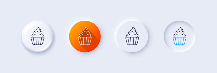 Cupcake line icon. Neumorphic, Orange gradient, 3d pin buttons. Dessert food sign. Cake with cream symbol. Line icons. Neumorphic buttons with outline signs. Vector