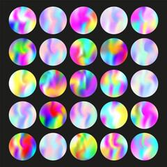 Holographic abstract backgrounds set. Gradient hologram. Hipster holographic backdrop. Minimalistic 90s, 80s retro style graphic template for placard, presentation, banner, brochure.