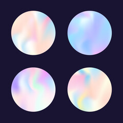 Holographic abstract backgrounds set. Gradient hologram. Neon holographic backdrop. Minimalistic 90s, 80s retro style graphic template for placard, presentation, banner, brochure.