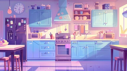 Fototapeta premium Kitchen interior design. Modern cartoon illustration of a clean dining room with blue wood and glass furniture, kitchenware on shelves, modern fridge and oven, daylight streaming through the window,
