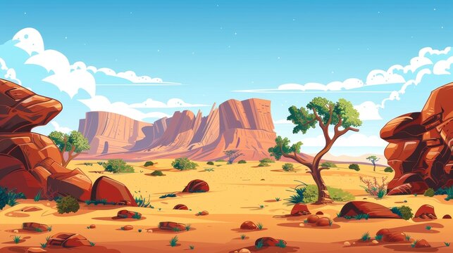 This is a modern illustration of a canyon desert landscape with a baobab tree and cacti. It is a modern cartoon illustration of rocky stones, yellow sand, dry cracks, exotic plants, dunny blue sky