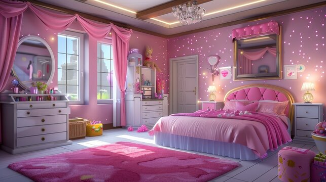Cartoon contemporary royal house or apartment indoor in Victorian style with panoramic entrance door, pink walls, vintage bed, chairs, books and a mirror.