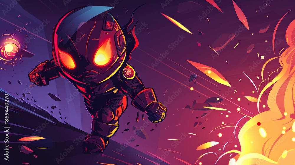 Poster an evil robot in a spaceship with fire and flames. cartoon illustration of an astronaut with an angr