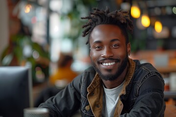 Smiling Black Man With Dreadlocks in Cafe